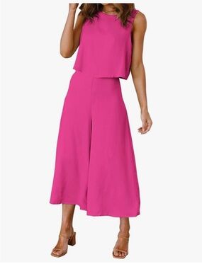Sleeveless Cropped High Waist Wide-Leg Matching 2 Piece Set in Fuchsia